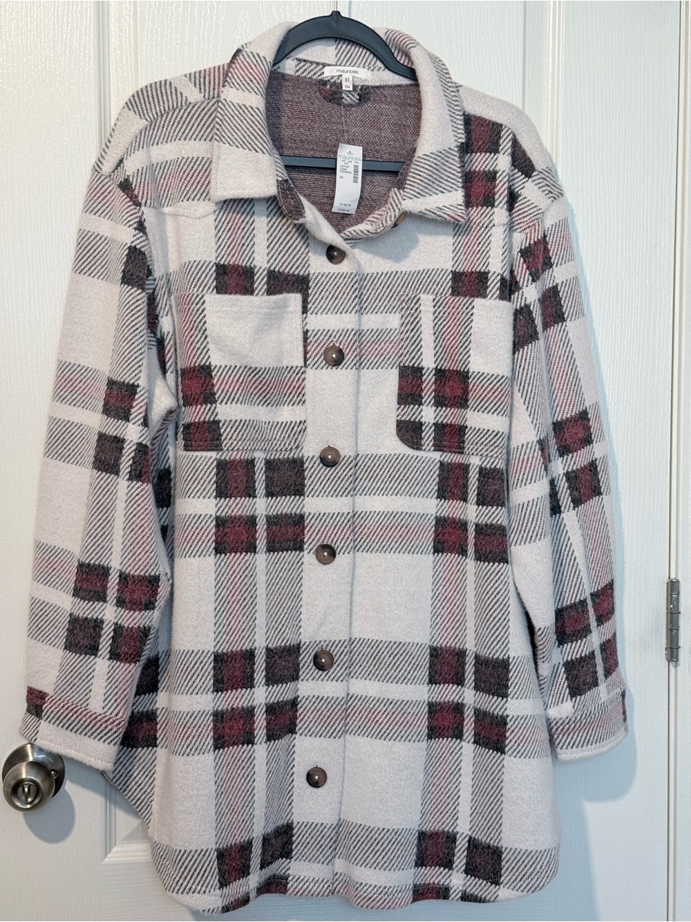 Maurices Plaid Longline Shacket Size 0X(16W). NWT Burgundy Cream